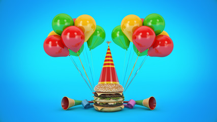Hamburgers with party hat. 3d rendering