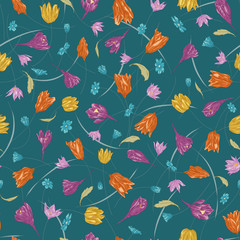 Seamless vector floral pattern with hand drawn abstract spring flowers in blue, yellow, orange, purple colors. Colorful endless background