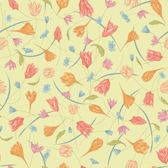 Obraz na płótnie Canvas Seamless vector floral pattern with hand drawn abstract spring flowers in pastel pink and orange colors. Colorful endless background