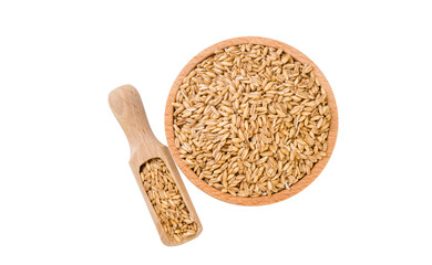 Oats  in wooden bowl and scoop isolated on white background. nutrition. bio. natural food ingredient.