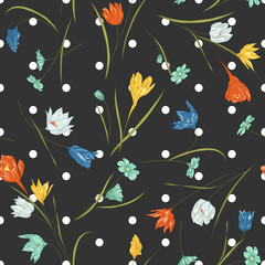 Seamless vector floral pattern with hand drawn abstract spring flowers in blue, white, black colors on polka dot background. Colorful endless print
