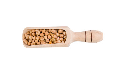 chickpea  in wooden scoop isolated on white background. nutrition. bio. natural food ingredient.