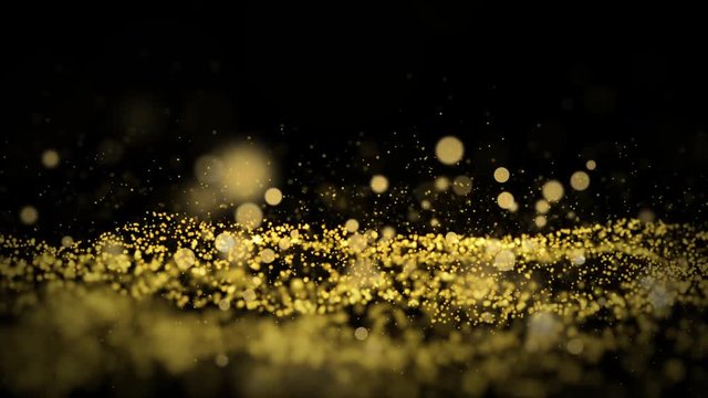 4k Abstract rendered Particles gold glitter on black background.