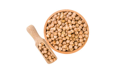 chickpea  in wooden bowl and scoop isolated on white background. nutrition. bio. natural food ingredient.