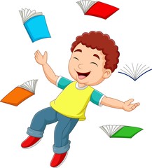 Cartoon little boy flying surrounded by books