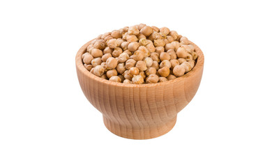 chickpea in wooden bowl isolated on white background. nutrition. food ingredient.