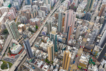 Drone fly over Hong Kong city