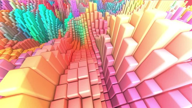 Colorful 3d voxel landscape surface made of rectangular blocks 3d render