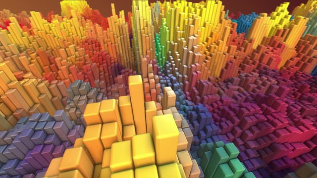 Moving cube block voxel low-poly abstract landscape 3D render animation