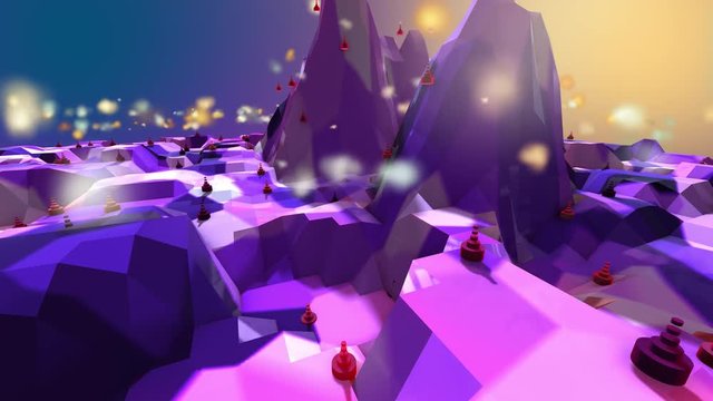 Low poly landscape with mountains trees and green hills polygon cartoon 3d rende