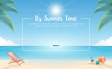 Summertime background. Tropical beach with beach elements vector background. Background of the sea with the ship. Summer Concept. Vector Illustrator.