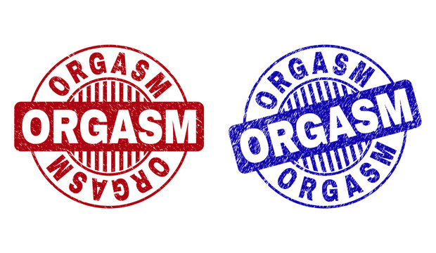 Grunge ORGASM round stamp seals isolated on a white background. Round seals with grunge texture in red and blue colors. Vector rubber imitation of ORGASM label inside circle form with stripes.