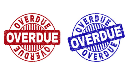 Grunge OVERDUE round stamp seals isolated on a white background. Round seals with grunge texture in red and blue colors. Vector rubber imprint of OVERDUE tag inside circle form with stripes.