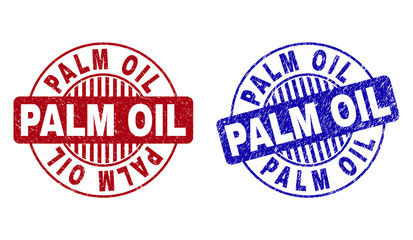 Grunge PALM OIL round stamp seals isolated on a white background. Round seals with grunge texture in red and blue colors. Vector rubber imitation of PALM OIL label inside circle form with stripes.