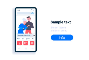 young man helping elderly gray haired grandmother guy strolling with old lady care and support concept online mobile communication application copy space