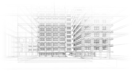 Architecture background. Perspective 3d Wireframe of building design and model my own