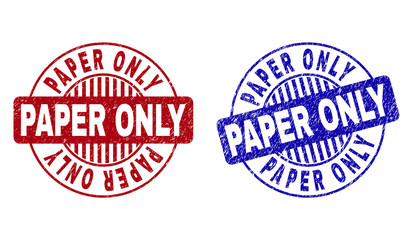 Grunge PAPER ONLY round stamp seals isolated on a white background. Round seals with distress texture in red and blue colors.