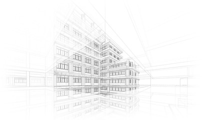 Architecture background. Perspective 3d Wireframe of building design and model my own - obrazy, fototapety, plakaty