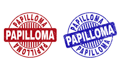 Grunge PAPILLOMA round stamp seals isolated on a white background. Round seals with grunge texture in red and blue colors. Vector rubber imprint of PAPILLOMA title inside circle form with stripes.