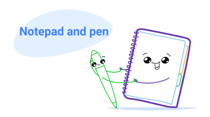 cute notebook holding hands with pen cartoon comic characters smiling faces happy emoji kawaii hand drawn style notepad and pencil icon back to school concept horizontal