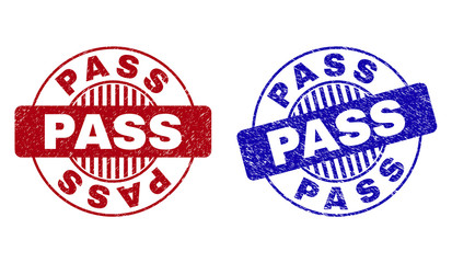 Grunge PASS round stamp seals isolated on a white background. Round seals with grunge texture in red and blue colors. Vector rubber imprint of PASS tag inside circle form with stripes.