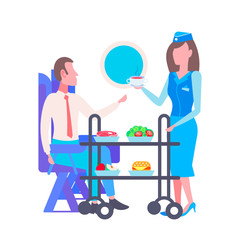 flight stewardess serving drinks and food to airplane male passenger sitting comfortable seat during trip modern plane board interior full length