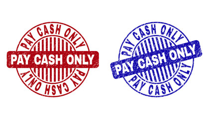 Grunge PAY CASH ONLY round stamp seals isolated on a white background. Round seals with grunge texture in red and blue colors.