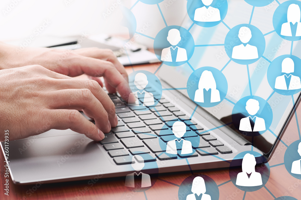 Poster online people networking concept. businessman sending email by laptop. network structure and busines