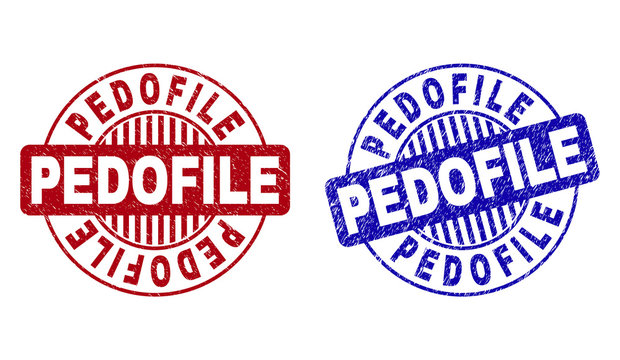 Grunge PEDOFILE round stamp seals isolated on a white background. Round seals with grunge texture in red and blue colors. Vector rubber imitation of PEDOFILE label inside circle form with stripes.