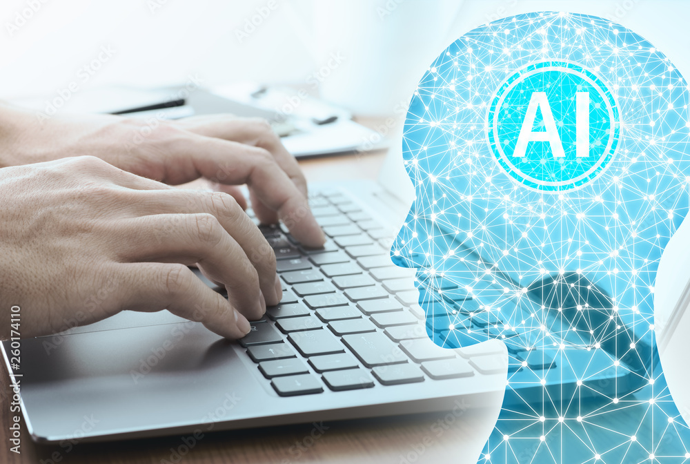 Poster Artificial intelligence concept. Engineer developing AI.Laptop and AI neural network.