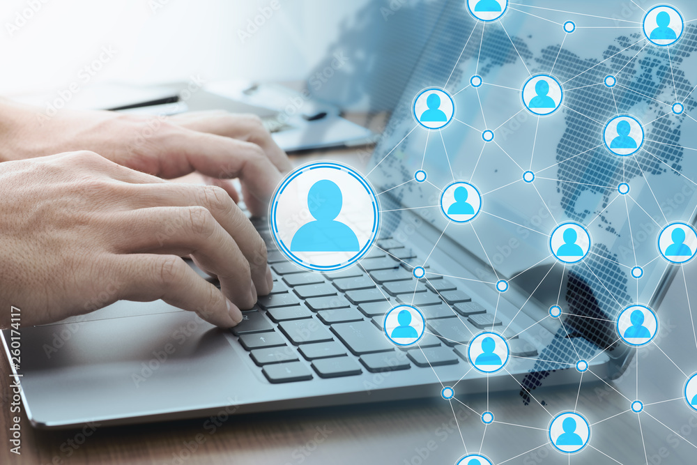 Poster Internet communication and data exchanges concept. Global people network structure. Businessman communicating by laptop.
