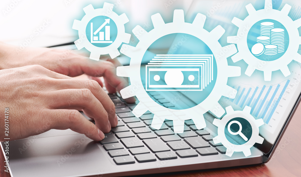 Poster asset management concept. businessman using laptop for analyzing financial data.gears and money icon