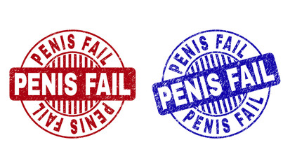 Grunge PENIS FAIL round stamp seals isolated on a white background. Round seals with grunge texture in red and blue colors. Vector rubber watermark of PENIS FAIL title inside circle form with stripes.