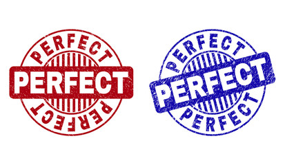 Grunge PERFECT round stamp seals isolated on a white background. Round seals with grunge texture in red and blue colors. Vector rubber imitation of PERFECT label inside circle form with stripes.