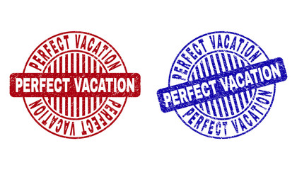 Grunge PERFECT VACATION round stamp seals isolated on a white background. Round seals with grunge texture in red and blue colors.