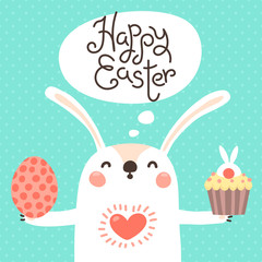 Happy Easter card with cute bunny. White rabbit with painted egg and Easter cupcake. Vector illustration
