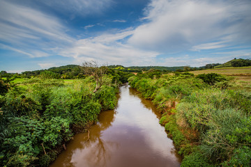 Rio com águas escuras marrom e plantação na beira do rio