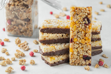 Healthy sweet dessert snack. Cereal granola bar.