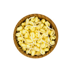 Wooden bowl with sprouted mung beans isolated on white background.