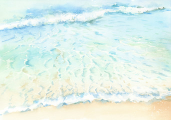 波　砂浜　海　水彩画