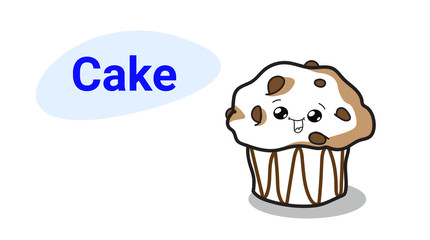 cute muffin cake cartoon comic character with smiling face tasty cupcake happy emoji kawaii hand drawn style sweet bakery dessert food concept horizontal