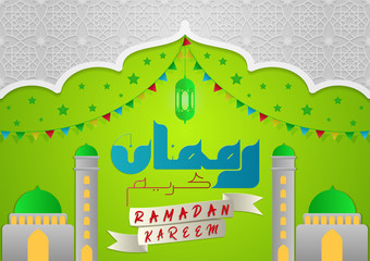 Background Islamic Ramadan Kareem Arabic Calligrphy with Pattern Islamic, Ribbon, Mocque, Triangle Flag, Stars and Green Lantern Muslims