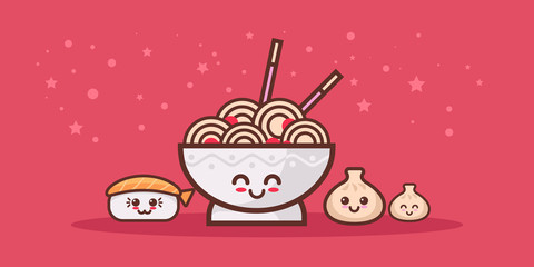 cute noodle ramen bowl sushi and dumpling set cartoon comic characters with smiling faces happy emoji kawaii style asian traditional food collection concept
