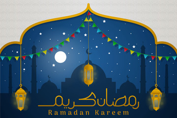Background Islamic Ramadan Kareem Night with Arabic Calligrphy, Pattern Islamic, Ribbon, Mocque, Triangle Flag, Stars and Moon Light, Lantern Muslims and Silhouette Mosque - Vector