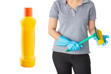 Female with yellow bottle for cleaning staff on isolated background Metaphor for cleaning Get rid of germs In bathroom, home office or industry.For reliability And satisfaction of service and customer