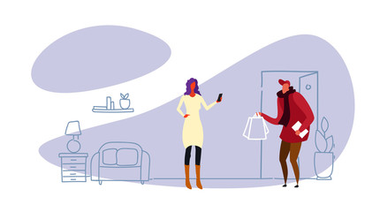 courier man in uniform handing shopping bags to woman customer with smartphone express delivery service concept modern living room interior sketch doodle horizontal