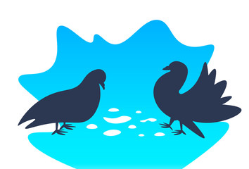 two funny pigeons walking and eating grains cartoon birds flat horizontal