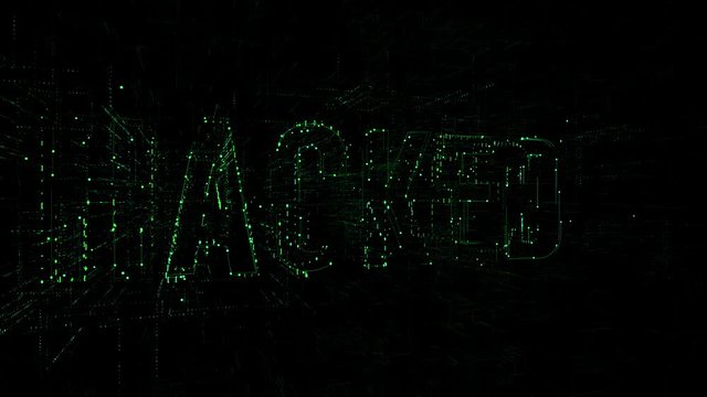 3D animation data digital code with 'Hacked' text. Futuristic information technology concept. Green letters on black background