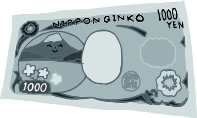 Monochrome Deformed Back side of Cute hand-painted Japanese 1000 yen note