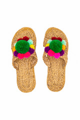 Sandals shoes handicraft made by water hyacinth on white background.